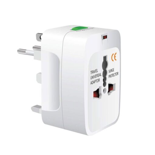 White color universal travel adaptor is shown in a white background.