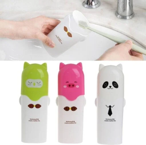 Cartoon toothbrush box presented in green, pink, and white color