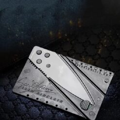 credit card size folding knife is shown in a black background.