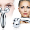 Silver color 3d face massager is shown along with a lady's face.