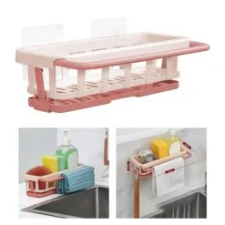 Pink color bathroom shelf with towel bar is being used to keep shower utilities and napkins.