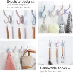 Multiple and multi color sticky hanging hooks are presented.