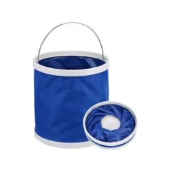 Blue color folding water bucket with handle and lid.
