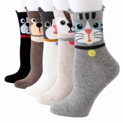 5 cat face socks are presented in different colors