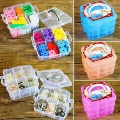 Transparent jewelry storage box is being used to keep rubber bands and earrings. 3 Layer 18 grid transparent jewelry storage box is presented in blue, orange, and pink color.