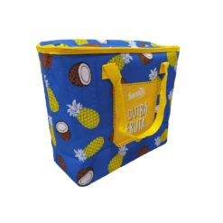Blue color large insulated lunch bag with yellow color handle.