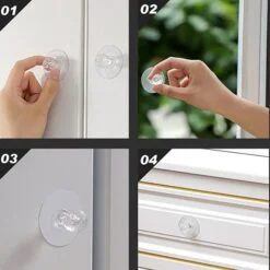 Transparent color stick on hanging hooks are being sticked on door, window and shelf.