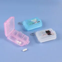 Pink color travel pill case is open. Blue and grey color travel pill case is closed.