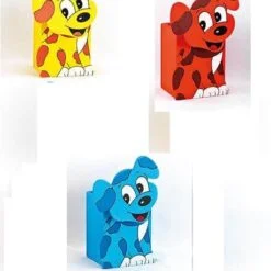 Dog pattern wooden pen holder in yellow, blue, and red color.
