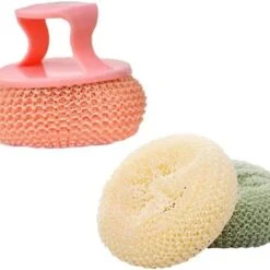 3 pan cleaning brush of different colors are shown