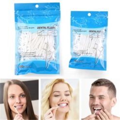2 Packets of dental floss tooth picks are shown along with 3 people using dental floss tooth picks.