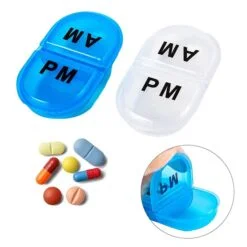am pm pill box is shown in grey and blue color