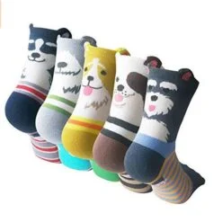 5 Different colors and patterns puppy love socks are arranged in a row.