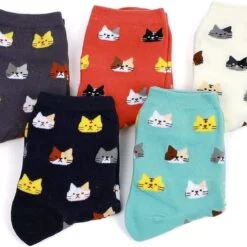 5 Kitty socks are shown in blue, red, white, black, and sky blue color.