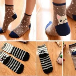Lady wearing brown color animal design socks. A pair of black color animal design socks with white strips are kept on a floor.