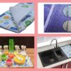 One dish drying mat for kitchen is being used to dry kitchen utensils and another one is kept near sink.