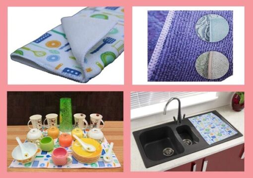 One dish drying mat for kitchen is being used to dry kitchen utensils and another one is kept near sink.