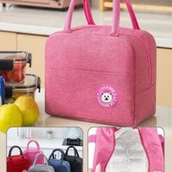 Pink color portable thermal lunch bag is presented along with other different colors portable thermal lunch bag.