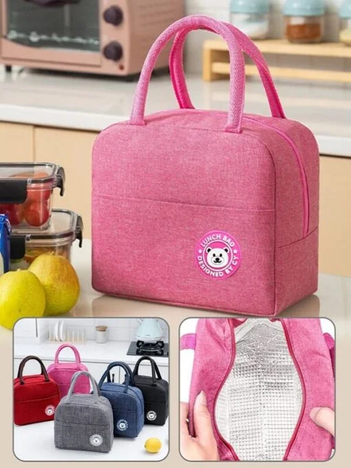 Pink color portable thermal lunch bag is presented along with other different colors portable thermal lunch bag.