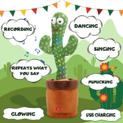 Green color dancing cactus talking toy with brown color base is shown.