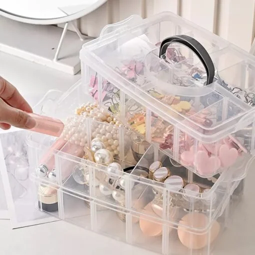 All the makeup and beauty products are organized in a 30 grid storage box.