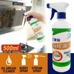500ml kitchen oil & grease stain remover bottle and a person removing grease in the background using the grease remover.