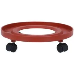 Red color gas cylinder trolley with wheels of black color is showcased.