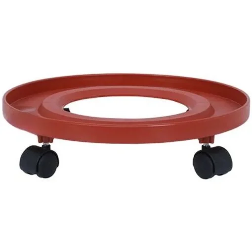 Red color gas cylinder trolley with wheels of black color is showcased.
