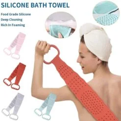Orange color silicone back scrubber belt is being used in the shower
