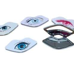 Lip shaped mirror is presented in 5 different colors and eye prints.