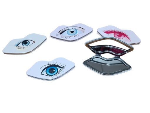 Lip shaped mirror is presented in 5 different colors and eye prints.