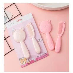 Pink color mirror and comb set is show with and without plastic packing.