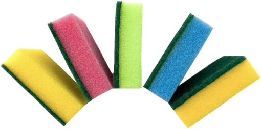 Kitchen cleaning sponge is shown in 5 different colors.