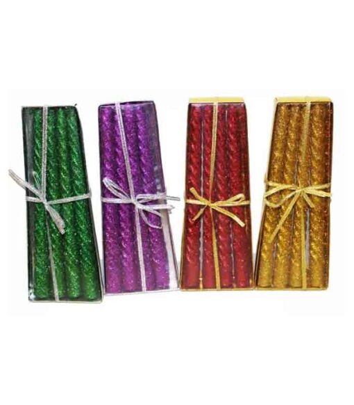 Glitter candle is presented in green, purple, red, and yellow color.