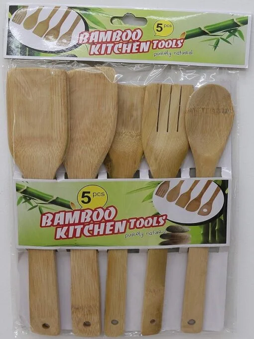 Wooden cooking spoon set is packed in a packet.