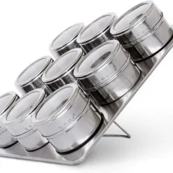 9 Pieces magnetic stainless steel spice rack is shown