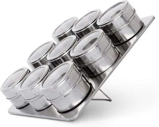 9 Pieces magnetic stainless steel spice rack is shown.