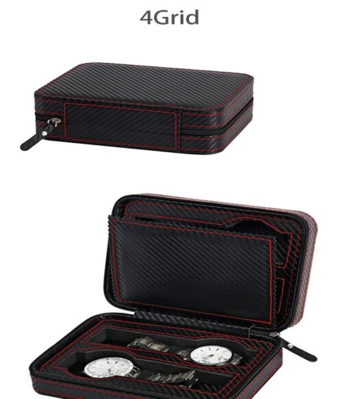 Two watches are arranged in a zipper watch storage case.