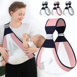 Woman is carrying her baby in a sling wrap carrier.