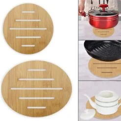 Tea kettle is placed on a bamboo placemat. Hot pan is placed on a bamboo placemat.