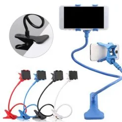 Lazy Bracket Mobile Phone Stand is presented in blue, white, black, and red color.