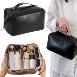 Woman is carrying black zipper toiletry bag. Cream zipper toiletry bag is used to organize beauty products.