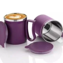 1st plastic coffee mug with lid is filled with coffee. Another plastic coffee mug with lid is empty. Both the plastic coffee cups with lids are of purple color.
