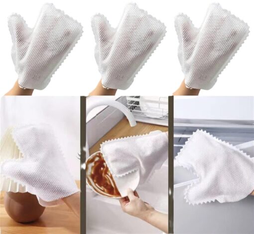 White color disposable cleaning gloves are worn by a lady while washing dishes and doing other household chores.