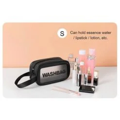 Pvc makeup bag is placed along side of different makeup and beauty products.