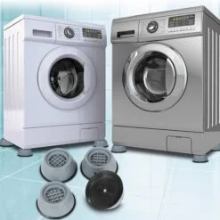 4 Non slip anti vibration pads are shown in front of 2 washing machines.