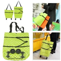 One woman is carrying 2 foldable shopping trolley bags in hand while another woman is dragging a green color foldable shopping trolley bag in the market while shopping