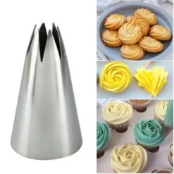 Silver color plastic cake nozzle is kept on the left and on the right, cookies are prepared using plastic cake nozzle.