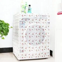 Waterproof front load washing machine cover is shown by using it to cover washing machine.