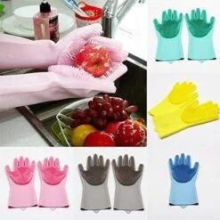 Woman is using silicone scrubbing hand gloves to clean apple. Silicone scrubbing hand gloves are shown in green, yellow, blue, grey, and pink color.